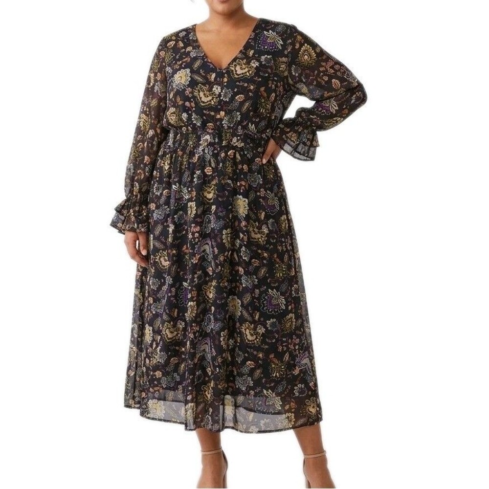 Torrid  Maxi Dress Size 3 3X Black Floral Smocked Waist Lined Chiffon Long Slv